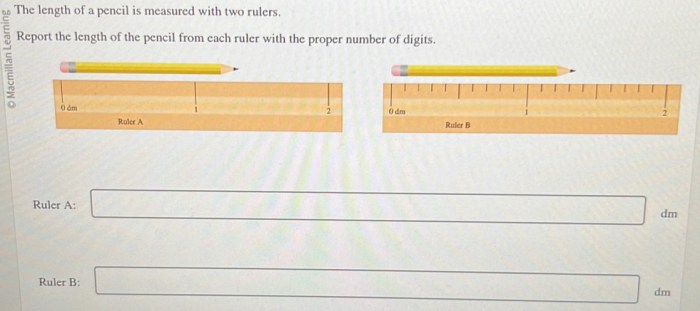 The length of a pencil is measured with two rulers