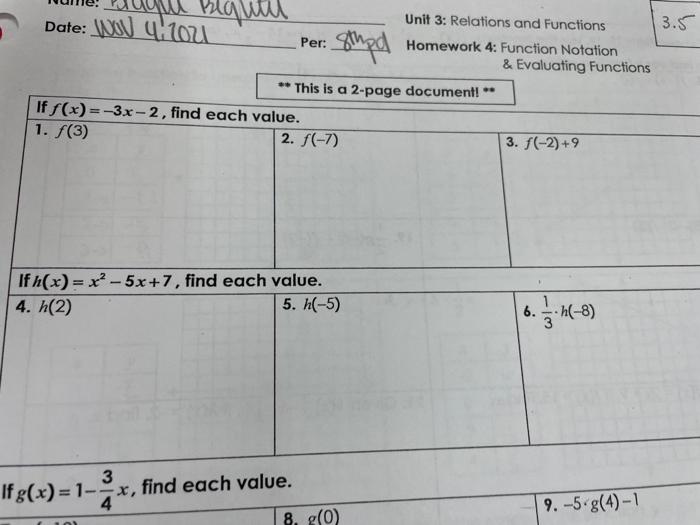 Unit 3 relations and functions answer key